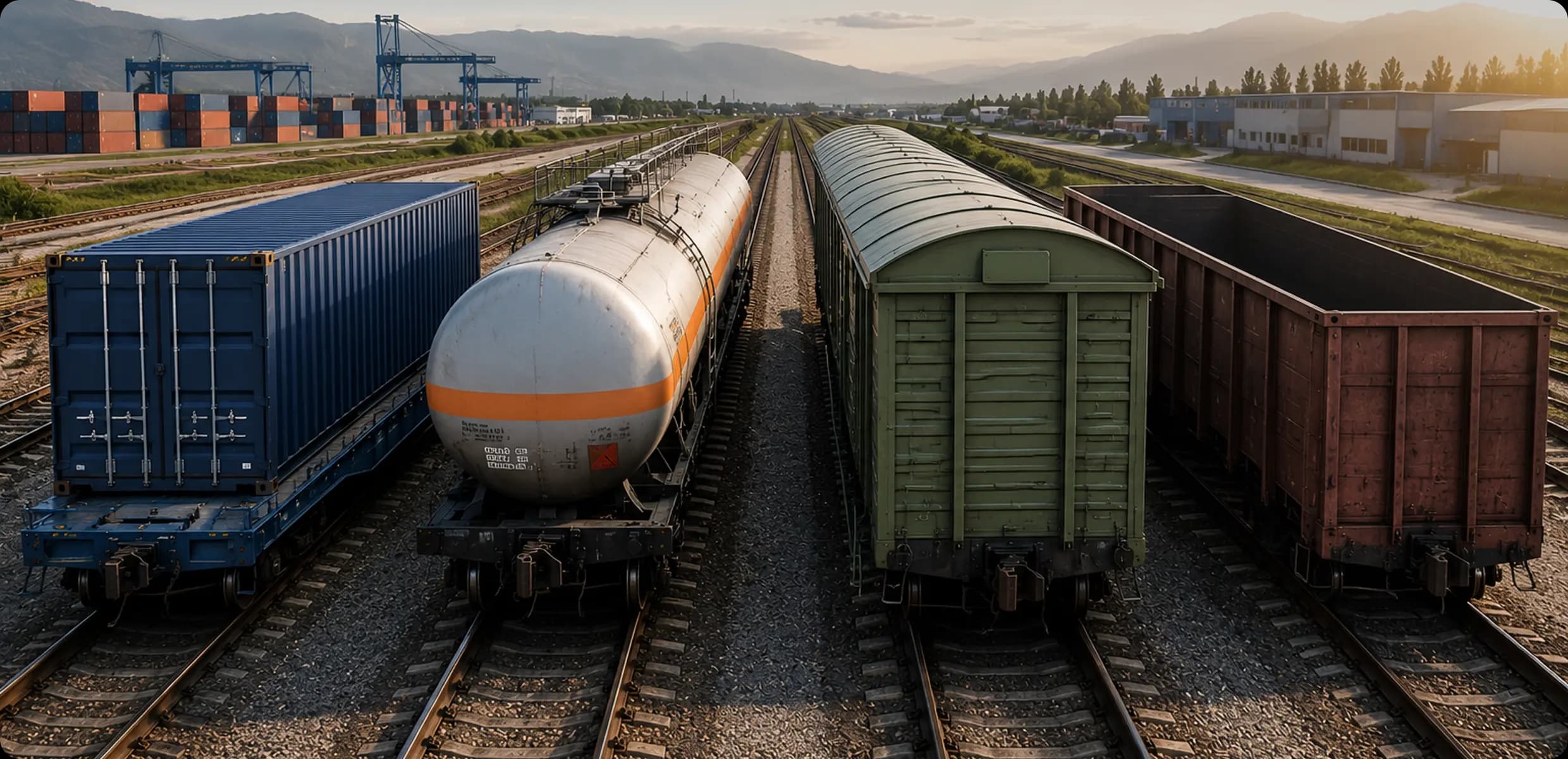 Container, tank, boxcar and open-top wagons standing side by side in a rail yard