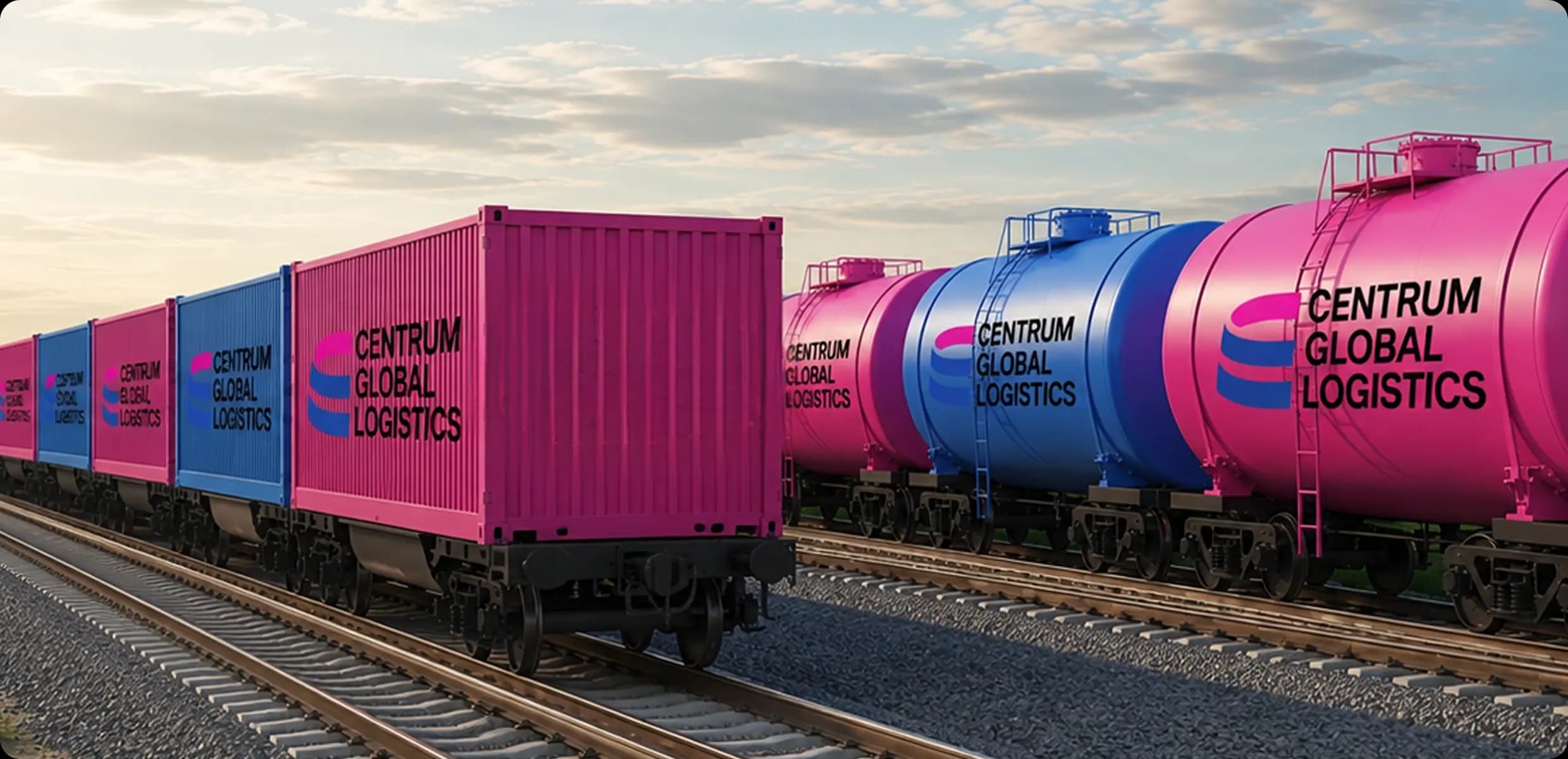 Centrum Global Logistics branded containers and tank wagons on a rail line